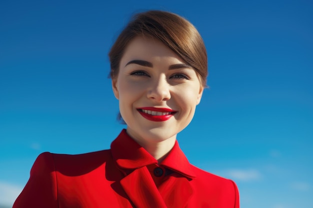 Heureuse jeune hôtesse de l'air en costume rouge contre un ciel bleu regardant la caméra Generative AI AIG21