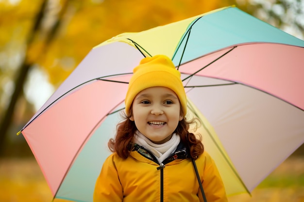 Heureuse jolie petite fille en imperméable jaune et casquette marchant dans un parc ou une forêt avec un parapluie coloré