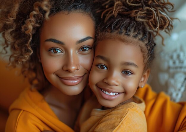 Une heureuse mère américaine à la mode portant un sweat-shirt brillant embrassant affectueusement son enfant souriant