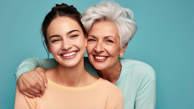 Heureuse mère et fille souriant et embrassant sur fond bleu