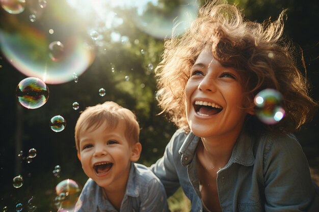 Heureuse mère et fils jouant avec du savon à bulles dans le parc Generative AI