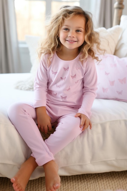 Photo heureuse, mignonne, adorable, petite fille, enfant caucasienne, pyjama, assise sur le lit après une sieste, sommeil, chambre moderne.