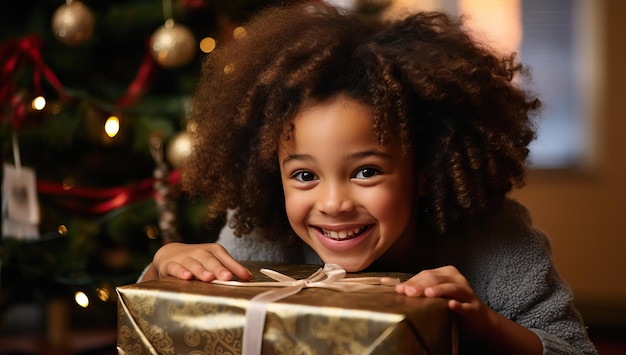 heureuse petite fille afro-américaine avec boîte-cadeau à Noël