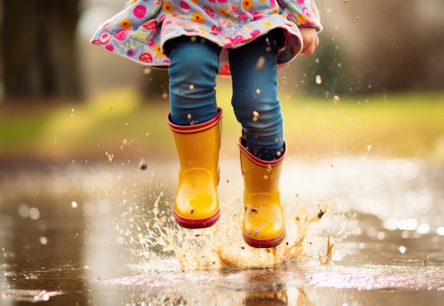 heureuse petite fille en bottes en caoutchouc jouant à sauter dans une flaque d'eau de pluie générative d'IA
