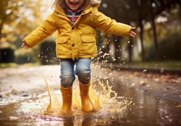 heureuse petite fille en bottes en caoutchouc jouant à sauter dans une flaque d'eau de pluie générative d'IA