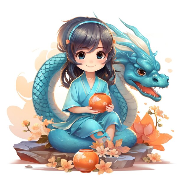 Heureuse petite fille chinoise souriante assise sur un dragon