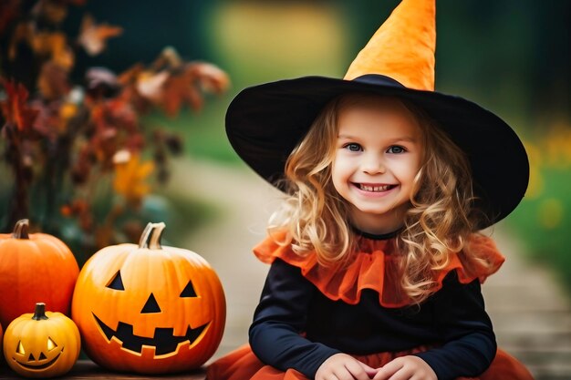 Heureuse petite fille enfant en costumes de sorcière et maquillage s'amusant lors de la célébration d'Halloween