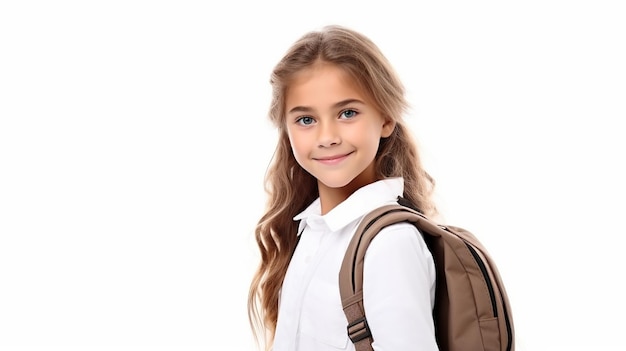 heureuse petite fille étudiante intelligente avec livre et sac sur fond blanc isolé