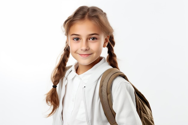 heureuse petite fille étudiante intelligente avec livre et sac sur fond blanc isolé