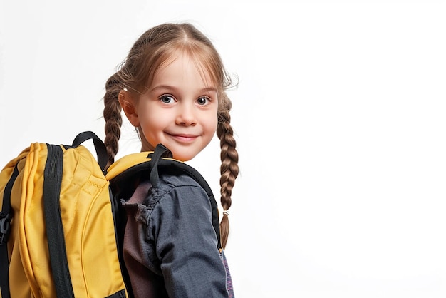 heureuse petite fille étudiante intelligente avec livre et sac sur fond blanc isolé