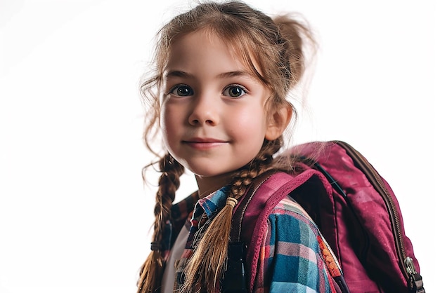 heureuse petite fille étudiante intelligente avec livre et sac sur fond blanc isolé