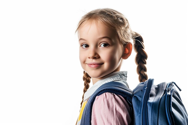 heureuse petite fille étudiante intelligente avec livre et sac sur fond blanc isolé