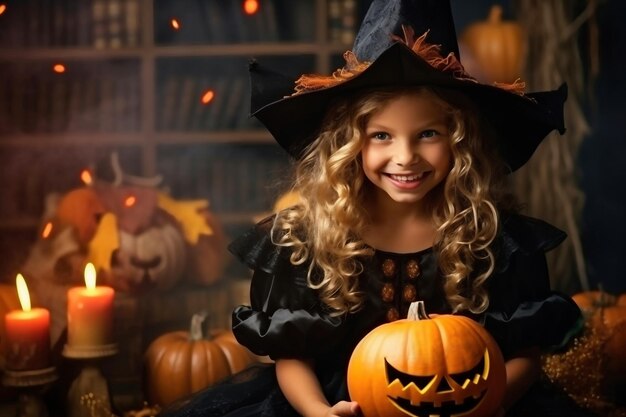 Heureuse petite fille joyeuse habillée en sorcière ou en sorcière maléfique maquillée s'amuse à la célébration d'Halloween Costume festif Jack Lantern