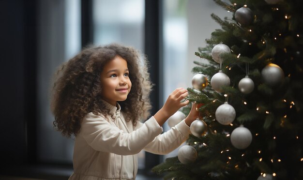 Heureuse une petite fille métisse aux cheveux afro-américains décorant l'arbre de Noël dans le salon