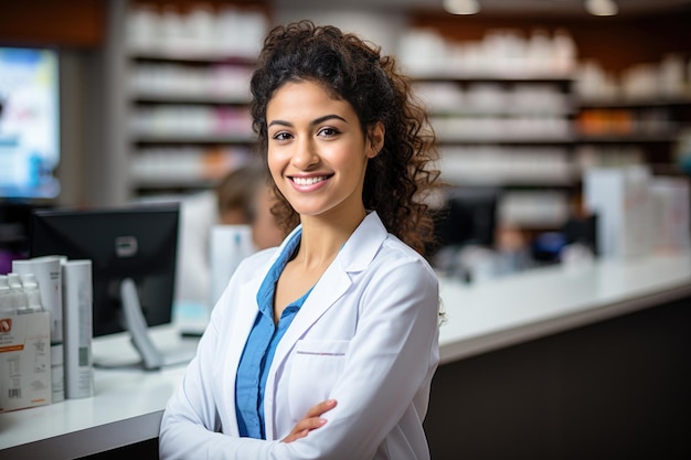 Heureuse pharmacienne asiatique indienne debout dans une pharmacie ou un magasin de médicaments avec les bras croisés