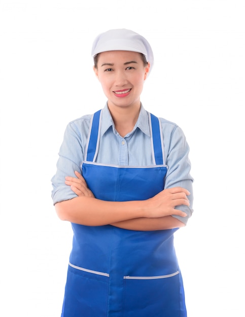 Heureuse, souriante, femme chef positif, femme au foyer, geste de bras croisé