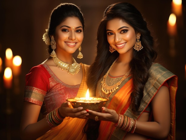 Heureuses belles femmes indiennes en robe sarre photo cinématographique diwali