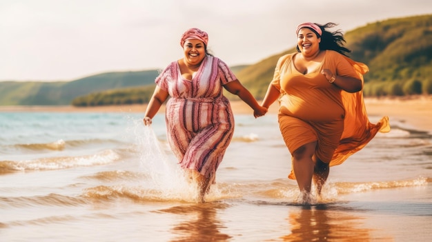Heureuses femmes de taille plus s'amusant à marcher sur la plage pendant les vacances d'été
