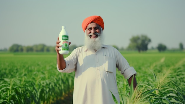 Heureux agriculteur punjabi tenant une bouteille agrochimique