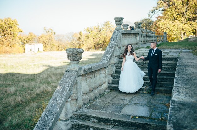 Photo heureux et amoureux mariés marchent dans le parc d'automne le jour de leur mariage