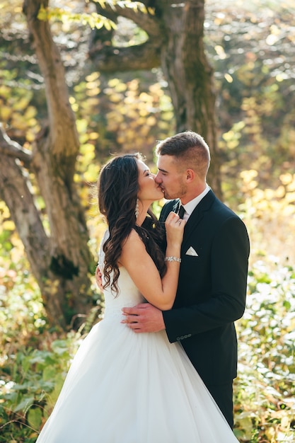 Heureux et amoureux mariés marchent dans le parc d'automne le jour de leur mariage