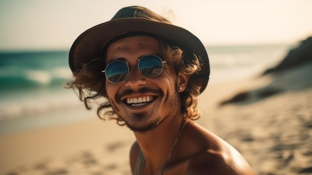 Heureux beau jeune homme sur la plage