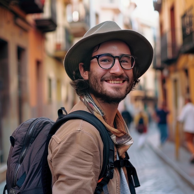 Photo heureux beaux touristes homme avec sac à dos