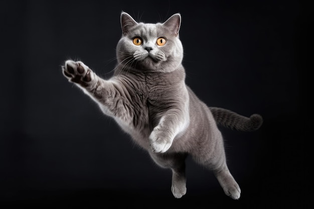 Heureux chat joyeux British Shorthair en sautant en vol sur fond gris corps entier grand Angle Studio Photo IA générative