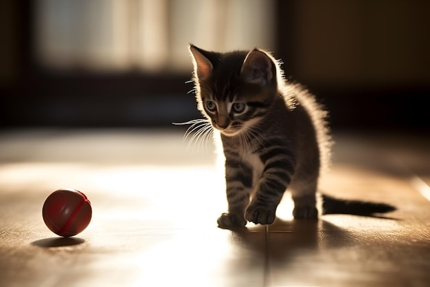 Heureux chaton domestique joue avec une balle dans l'appartement sur un fond clair généré par l'IA