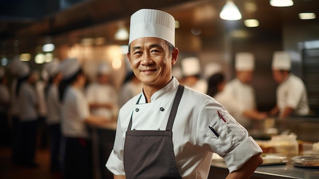 Heureux chef asiatique d'un grand restaurant croise les bras et sourit dans une conception de cuisine moderne ai