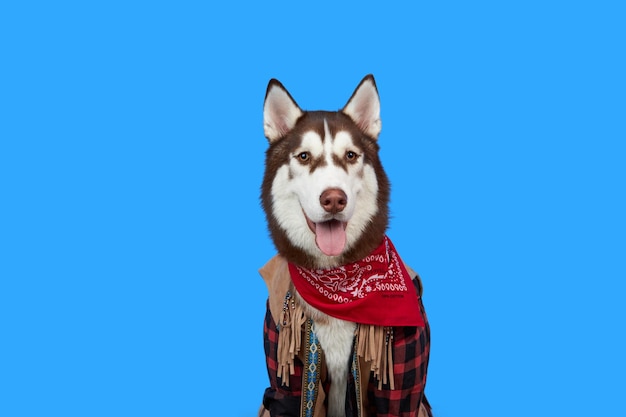 Heureux chien husky souriant sur fond bleu coloré Bannière