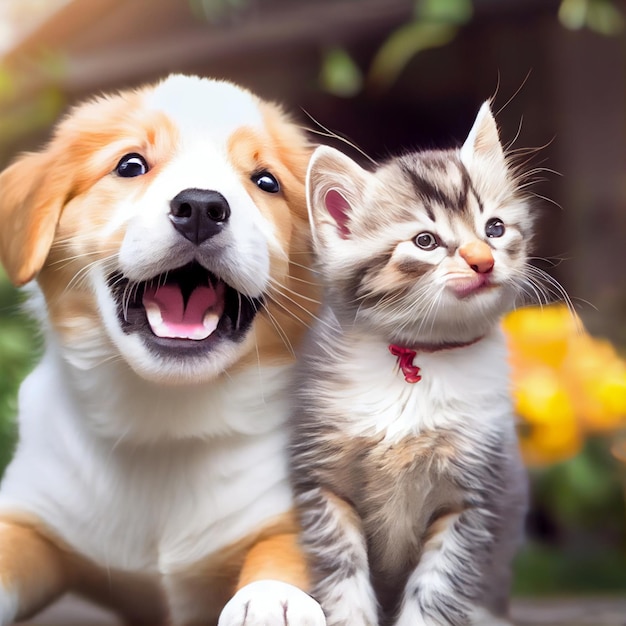 Heureux chiot chien et chaton amis posant ensemble et souriant