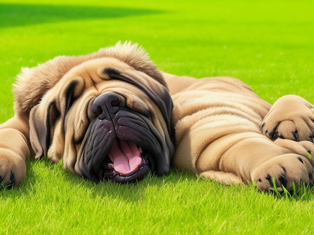 Heureux chiot Mastiff couché sur le dos sur l'herbe verte d'été et étreint l'ours en peluche préféré