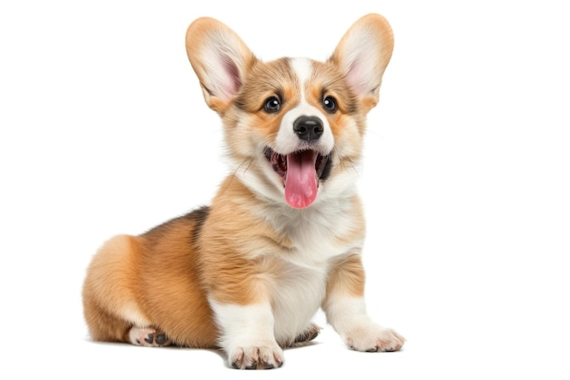 heureux chiot Welsh Corgi 14 semaines vieux chien clignant des yeux haletant et assis isolé sur blanc