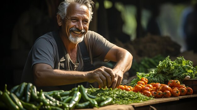 Heureux commerçant souriant vendant ses fruits et légumes biologiques au marché Illustration de produits agricoles générée par l'IA