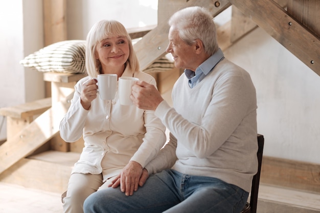 Heureux couple agréable âgé souriant et tenant des tasses tout en buvant du thé ensemble