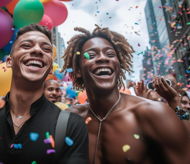 Photo heureux couple gay célébrant au défilé de la fierté lgbtq à new york états-unis célébration du mois de la fierté