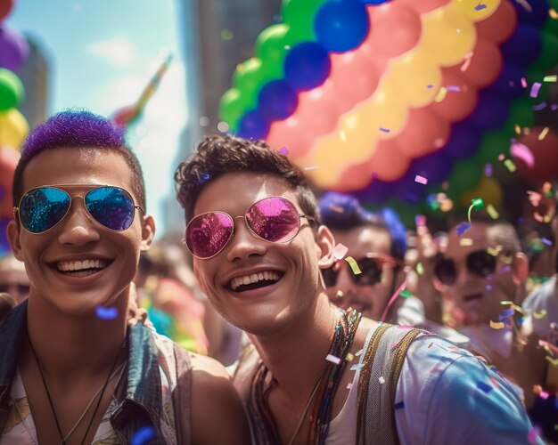 Heureux couple gay célébrant au défilé de la fierté LGBTQ à New York États-Unis Célébration du mois de la fierté