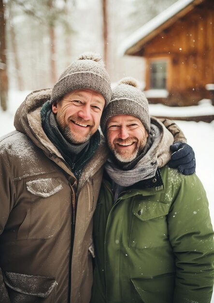 Heureux couple gay en vacances d'hiver Illustration générée par AI