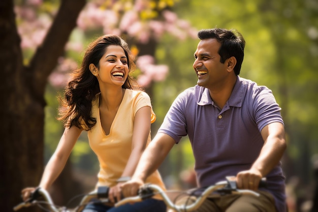 Heureux couple indien à vélo dans le parc