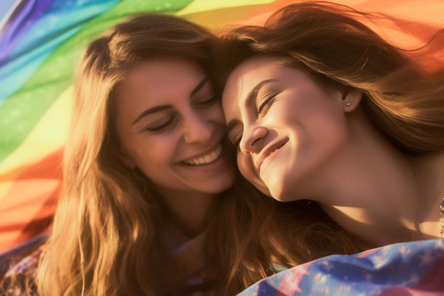 Heureux couple de lesbiennes célébrant sur la plage au défilé de la fierté LGBTQ à Tel Aviv