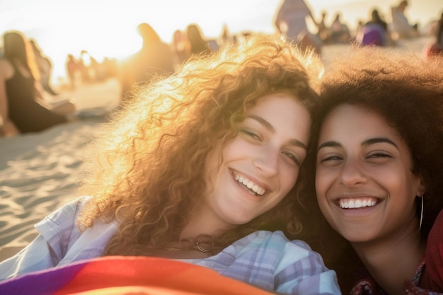 Heureux couple de lesbiennes célébrant sur la plage le défilé de la fierté LGBTQ à Tel Aviv