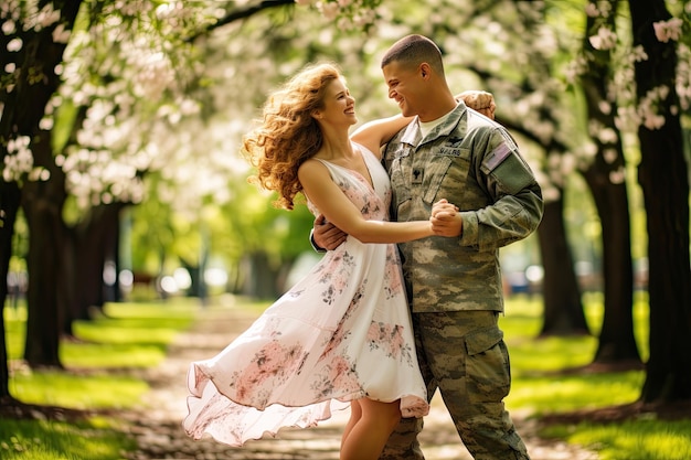 Heureux couple militaire, homme et femme, célébrant son retour de la guerre dansant en plein air