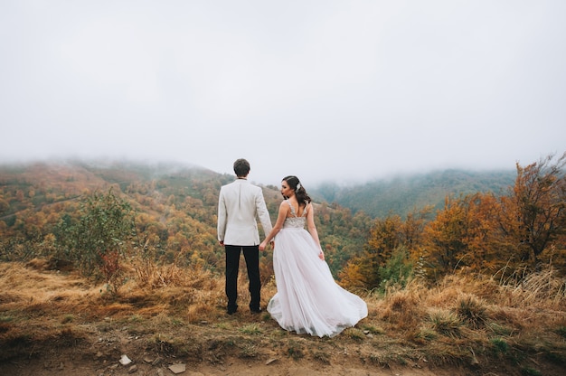 Heureux couple nouvellement marié posant dans les montagnes