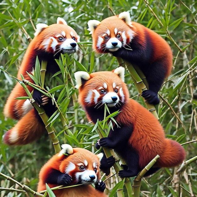 Photo heureux couple de pandas rouges mignons partageant une collation en bambou