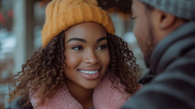 Heureux couple partageant un moment dans des vêtements d'hiver en plein air