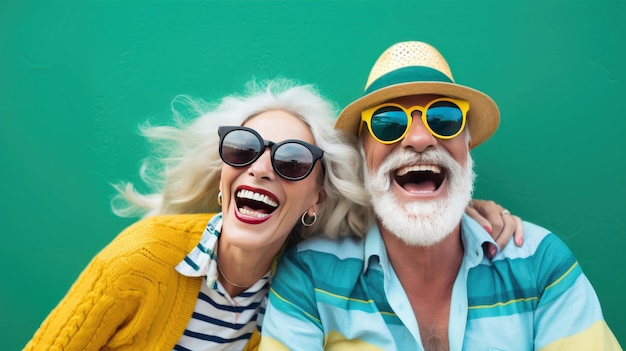 Heureux couple de personnes d'âge mûr en lunettes de soleil profitant et s'amusant en vacances sur fond vert été Voyages et modes de vie des voyageurs Âge de la retraite Ai génératif