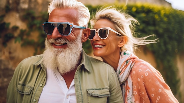 Heureux couple de personnes d'âge mûr en lunettes de soleil profitant et s'amusant en vacances sur fond vert été Voyages et modes de vie des voyageurs Âge de la retraite Ai génératif