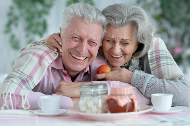 Heureux couple de personnes âgées buvant du thé à la maison