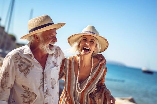 Heureux couple de personnes âgées en chapeaux de paille discutant sur le fond de la mer bleue générée par ai